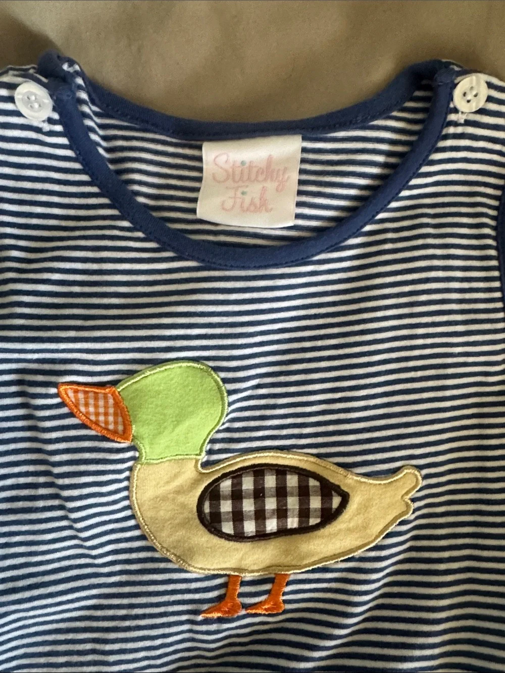 Striped Blue Baby Romper with Duck Applique